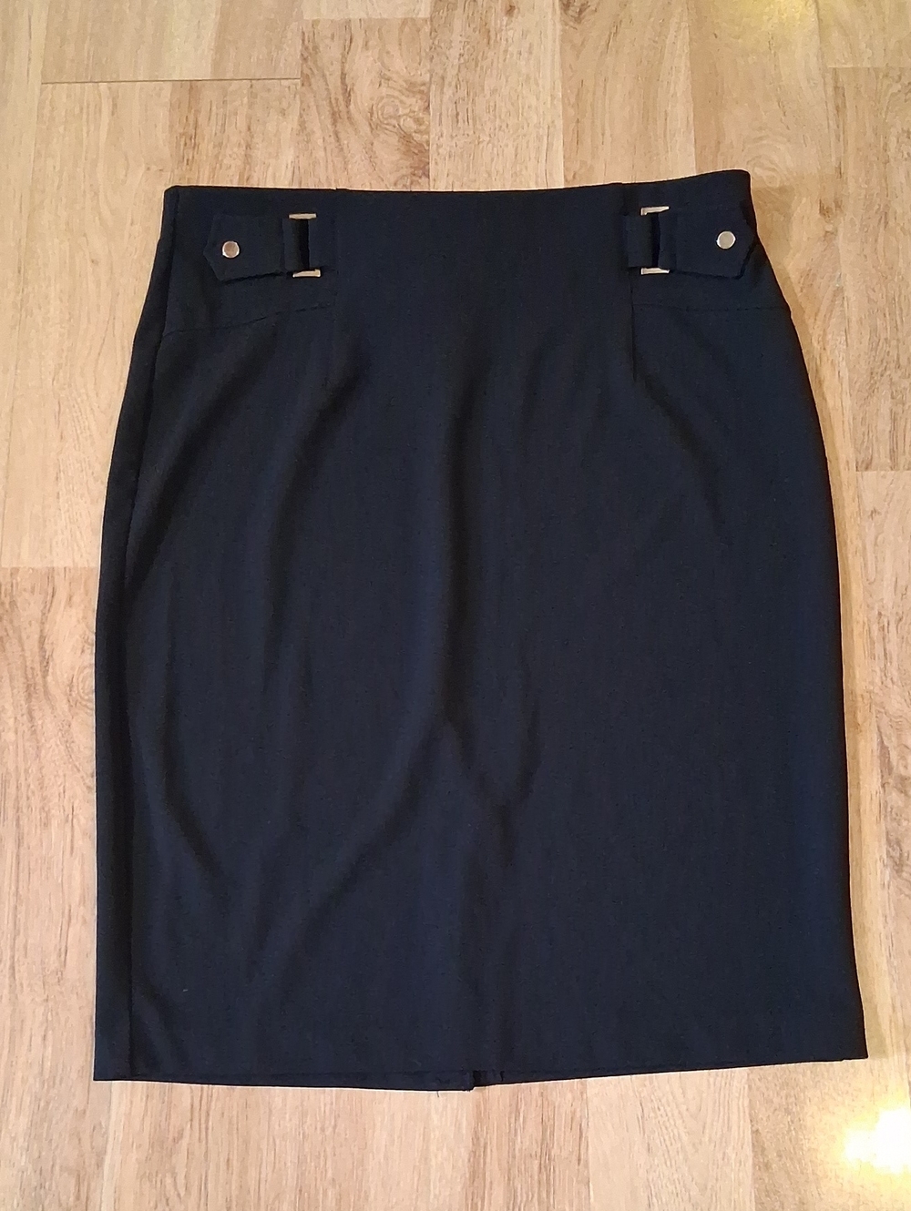 Classic Black Pencil Skirt with Waist Buckle Detail Stretch Waist Band